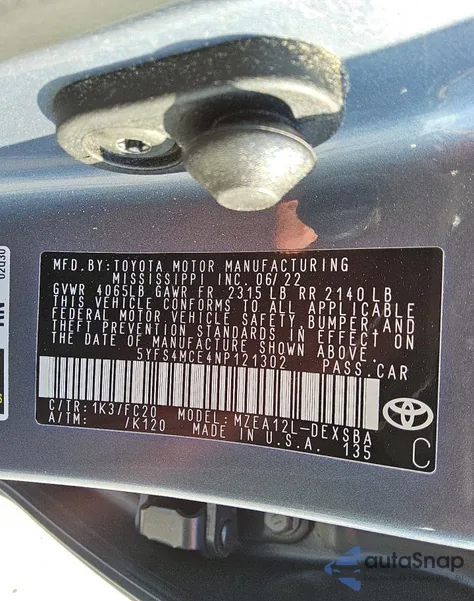 2022 Toyota Corolla Se из США, поврежденный, VIN 5YFS4MCE4NP121302